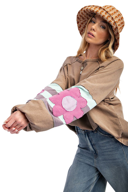 Light French Beige Flower Striped Patchwork Puff Sleeve Loose Sweatshirt Garden Naked Curves