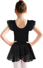 Black Dance Leotards for Toddler Girls 3T 4T Kids Ballet Dress with Tulle Skirt Baby Cute Ruffle Short Sleeve Ballerina Clothes Tap Class, 3-4 Years Old