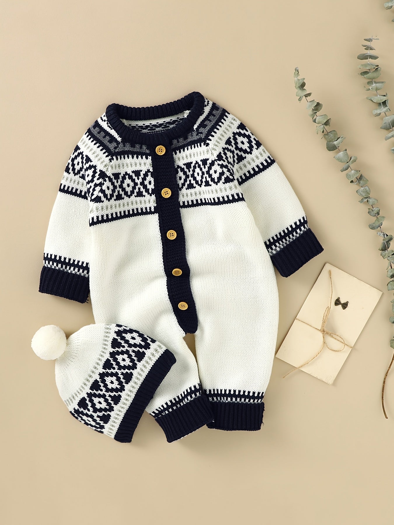 Newborn Infant Geometric Pattern Sweater Romper Long Sleeve Button Jumpsuit & Hat For Toddler Baby Boys And Girls, Suitable For Indoor And Outdoor Wear NovaCart