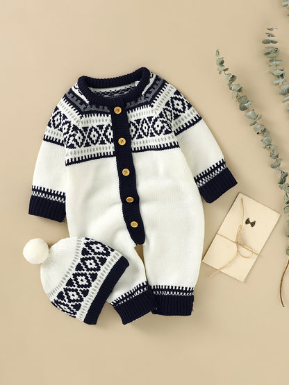 Newborn Infant Geometric Pattern Sweater Romper Long Sleeve Button Jumpsuit & Hat For Toddler Baby Boys And Girls, Suitable For Indoor And Outdoor Wear NovaCart