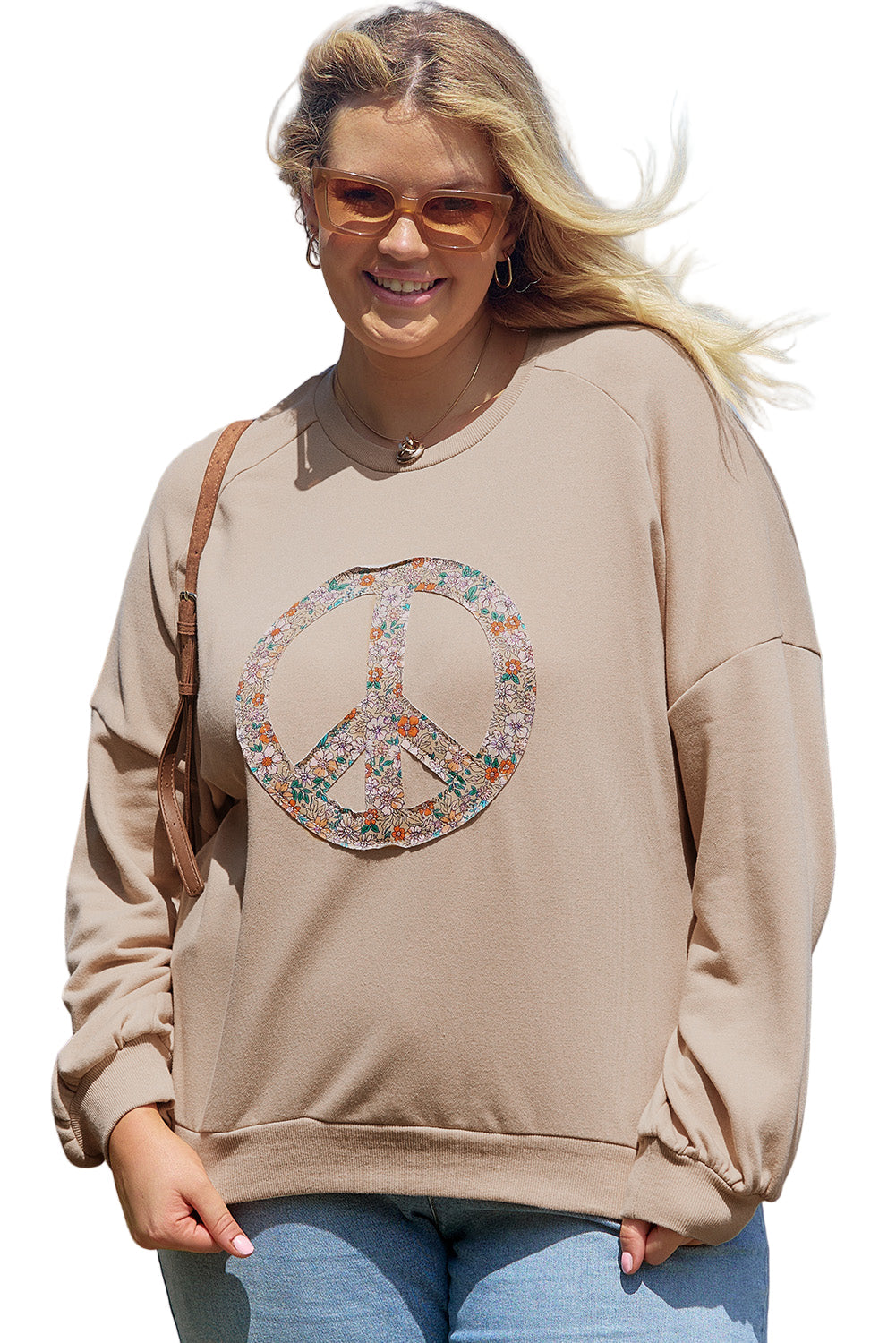 Pale Khaki Floral Peace Sign Graphic Washed Terry Plus Size Sweatshirt Garden Naked Curves