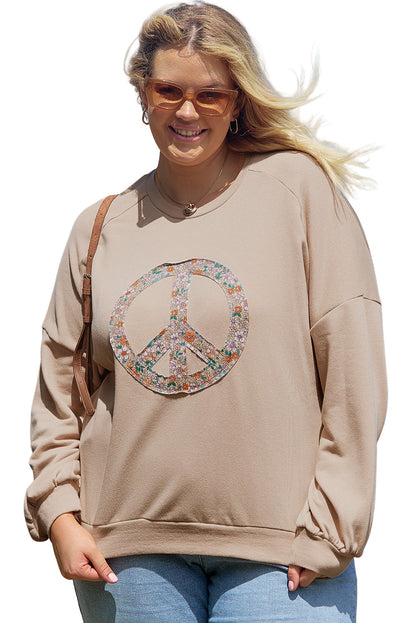 Pale Khaki Floral Peace Sign Graphic Washed Terry Plus Size Sweatshirt Garden Naked Curves