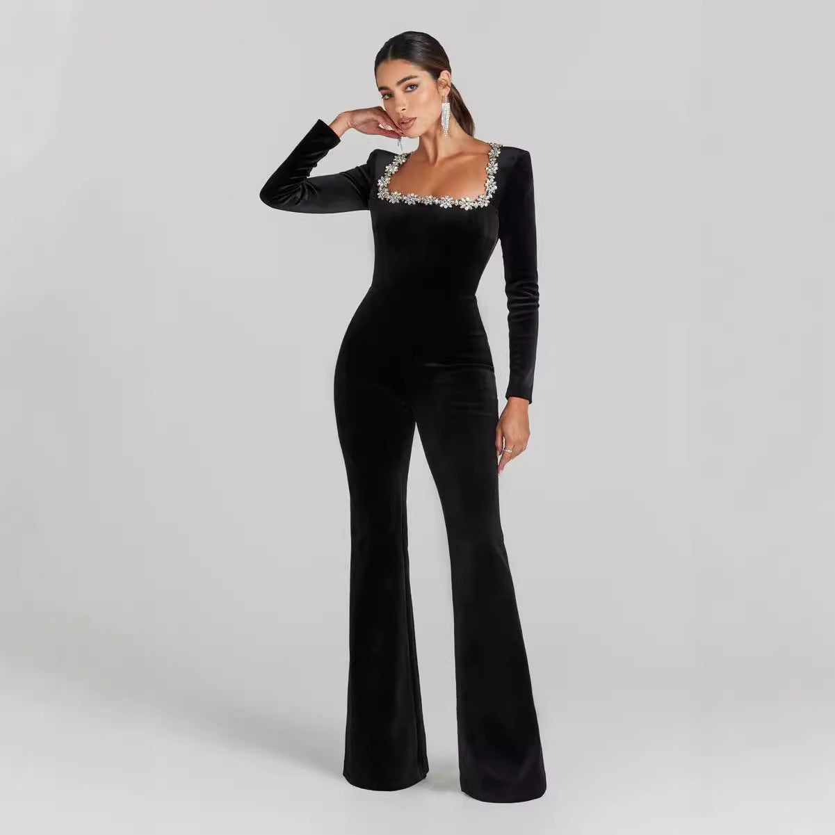 Women’s Diamond-Encrusted Square-Collar Flared Jumpsuit FitiqueFit