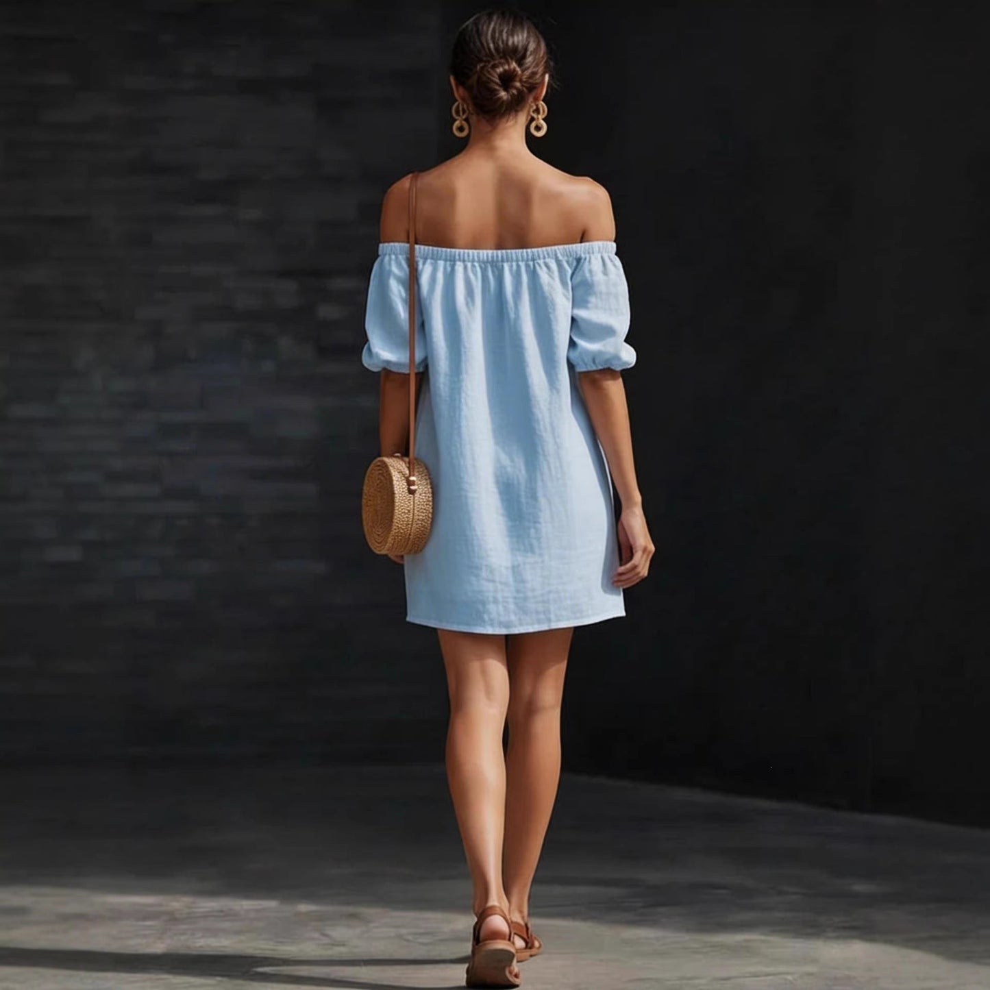 Women's Cotton-Linen Off-Shoulder Puff-Sleeve Loose Mini Dress FitiqueFit