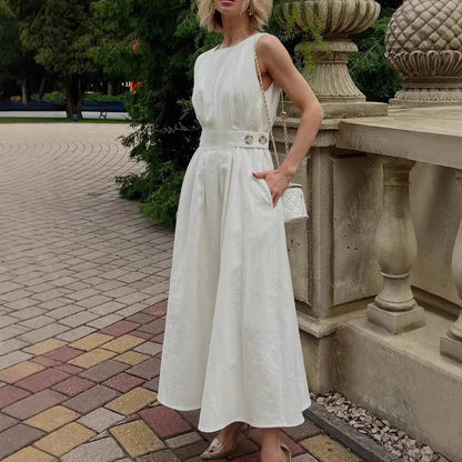 Women's French Minimalist Sleeveless Crew-Neck Midi Dress – White S–XXL FitiqueFit