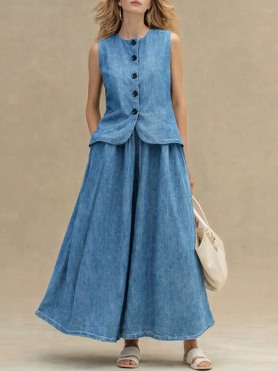 Women's Crew Neck Denim Vest Top & High-Waist A-Line Skirt Set – 3 Colors S–XXL FitiqueFit
