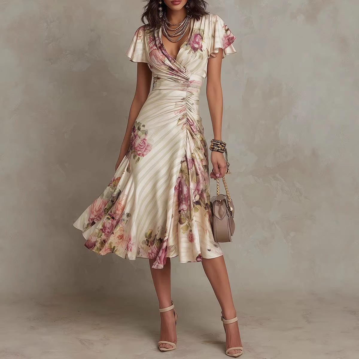 Ruffled Hem Maxi Dress – V-Neck Satin A-Line Color Block Dress FitiqueFit