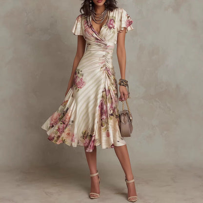Ruffled Hem Maxi Dress – V-Neck Satin A-Line Color Block Dress FitiqueFit
