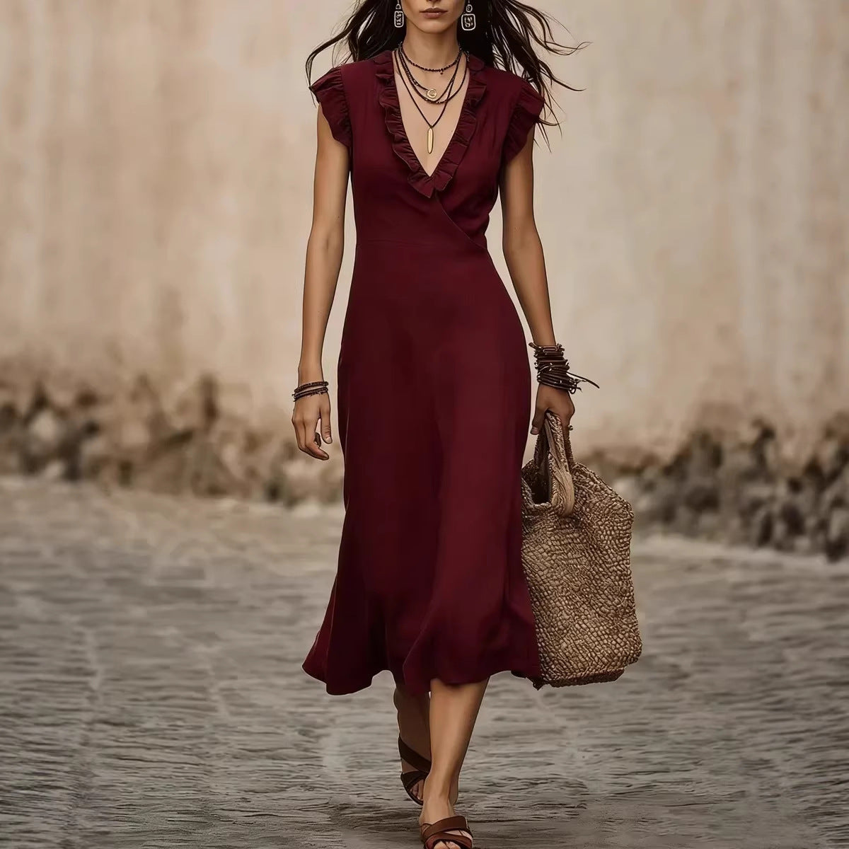 Women's V-Neck Cotton-Linen Flutter-Sleeve Ruffle-Trim Midi Dress FitiqueFit