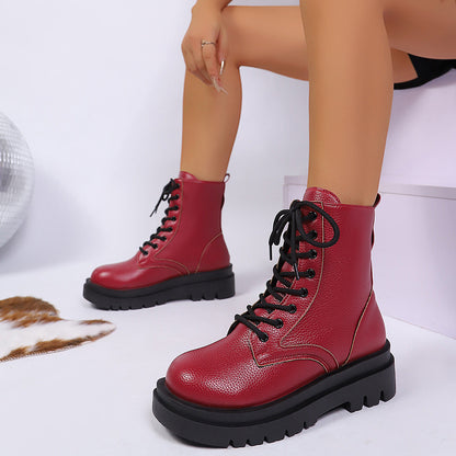 Women’s Round Toe Plus Size Lace-Up Chunky Sole Ankle Boots FitiqueFit