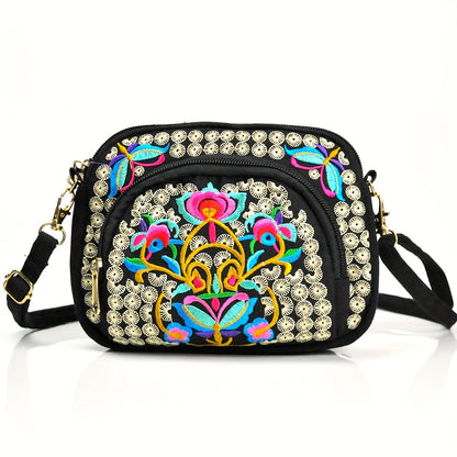 Vibrant Floral Embroidered Crossbody Bag for Women - Lightweight, Double-Sided Design with Detachable Strap, Zipper Closure, and Phone Pocket - Perfect for Casual Outings, Travel Accessory | Vibrant Pattern Bag | Coin Purse NovaCart