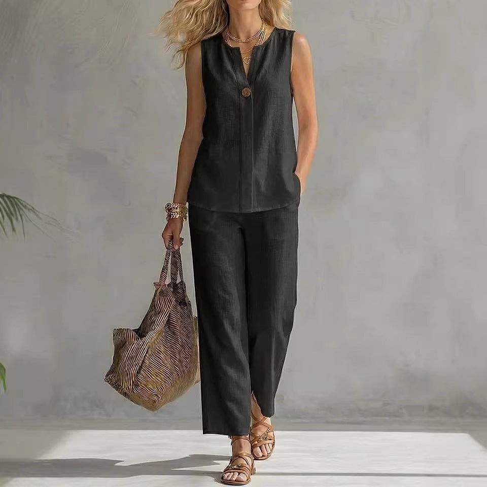 Women's Sleeveless V-Neck Top & Full-Length Pants Two-Piece Set FitiqueFit