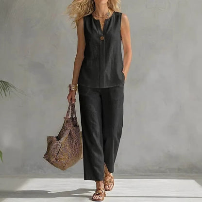 Women's Sleeveless V-Neck Top & Full-Length Pants Two-Piece Set FitiqueFit