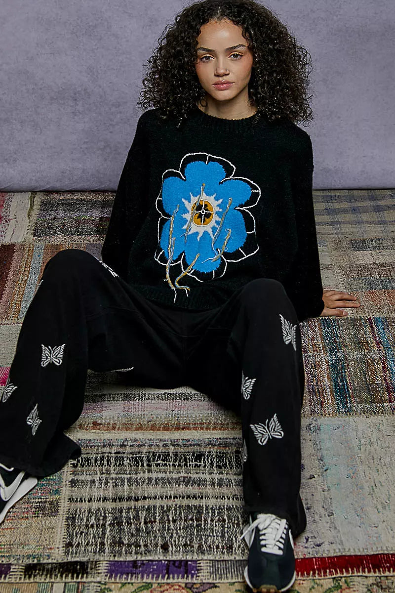 POL Floral Pattern Round Neck Sweater with Exposed Stitching FitiqueFit