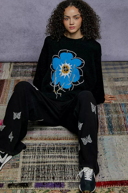POL Floral Pattern Round Neck Sweater with Exposed Stitching FitiqueFit