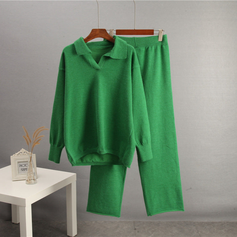 Solid Color Lapel Sweater Set for Women FitiqueFit