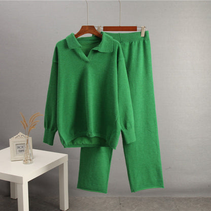 Solid Color Lapel Sweater Set for Women FitiqueFit