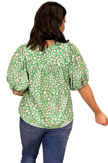 Green Plus Size Leopard Tassel Tie Split Neck Puff Sleeve Blouse Garden Naked Curves