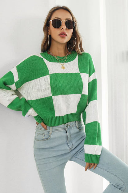 Color Block Round Neck Dropped Shoulder Sweater New Era Fashion LLc