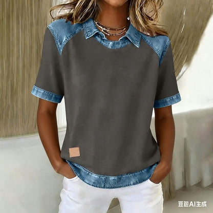 Patchwork Knitted Shirt Short-Sleeve Lapel Button-Up Shirt For Women FitiqueFit