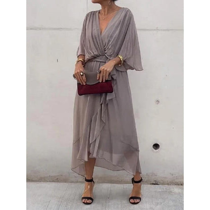 Batwing Sleeve V-Neck Midi Dress – Tied Irregular Hem Fairy Dress FitiqueFit