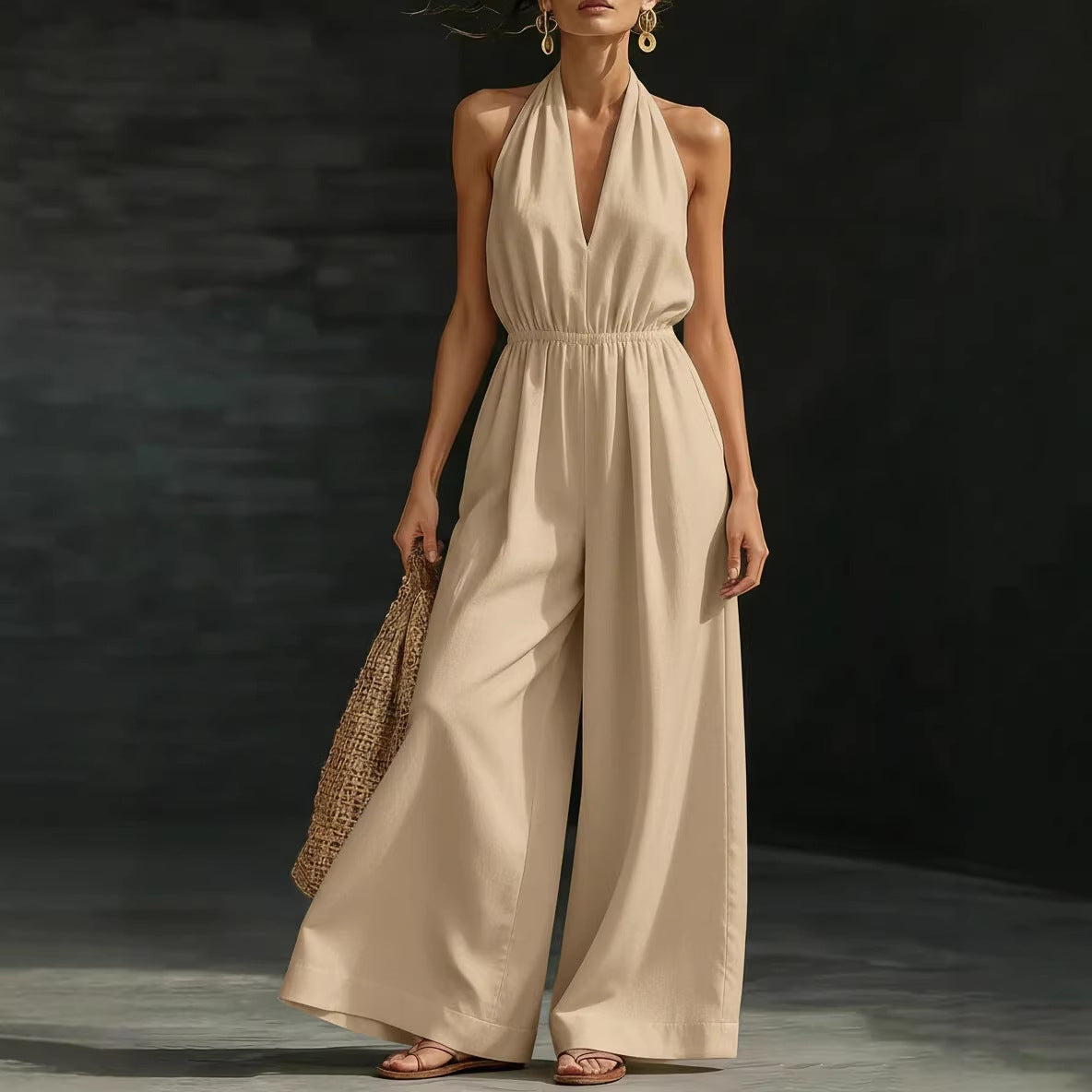 Women’s V-Neck Halter Neck Wide-Leg Jumpsuit FitiqueFit