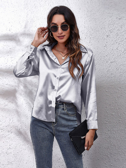 Hot Style In-Kind Shooting Satin Shirt Women'S Satin Imitation Long-Sleeved Shirt New European And American Cross-Border Women'S Clothing NovaCart