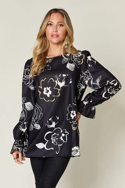 Double Take Full Size Printed Flounce Sleeve Blouse New Era Fashion LLc