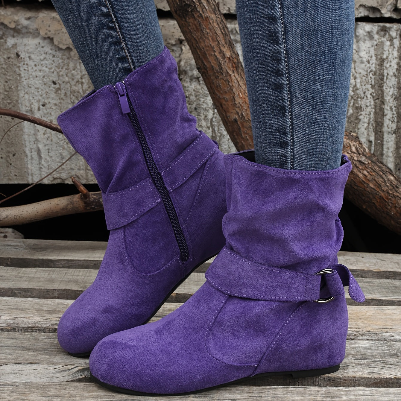 1.18inch Inner Height Increase Women's Short Boots with Flat Sole, Buckle Closure, Comfortable, Warm, and Lightweight, Women Shoes NovaCart