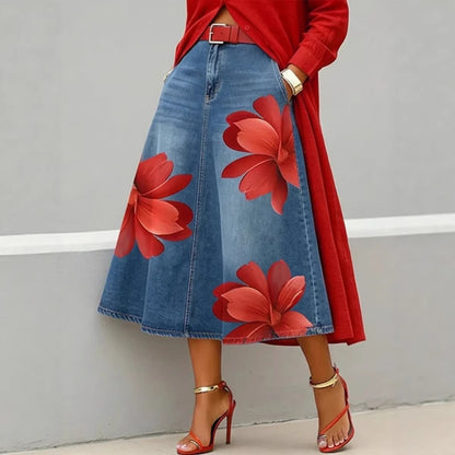 Women's Floral Print A-Line Midi Skirt – Denim-Style Boho Skirt FitiqueFit