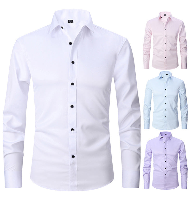 Men'S Stretch Slim-Fit Formal Shirt Without Pockets, Light Business Turn- Collar Long-Sleeved Shirt, Men'S Business Shirt, Wrinkle-Resistant And Durable Solid Color Formal Long-Sleeved Shirt with Buttons And Pockets, Suitable NovaCart