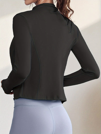 [Activewear Zipper Jacket] Women's Activewear Full Zipper Jacket - Solid Color Turtle Neck Long Sleeve With Thumb Hole For Fitness & Sports NovaCart