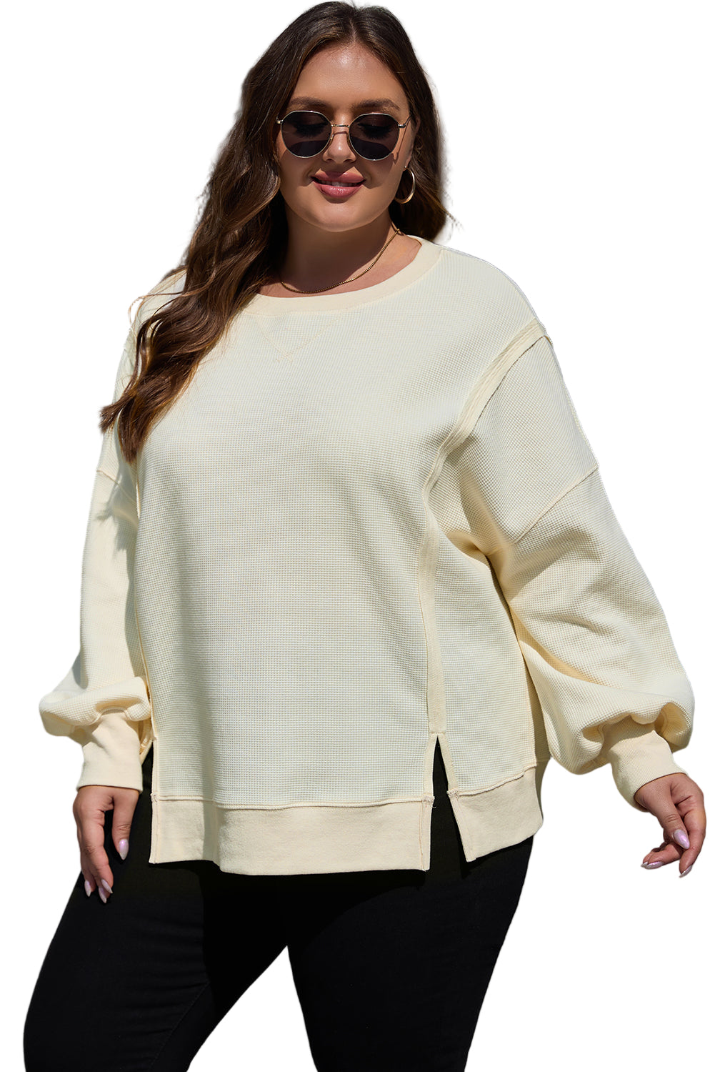 White Solid Color Waffle Knit Drop Shoulder Plus Size Sweatshirt Garden Naked Curves