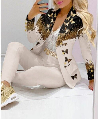 Women's Printed Coat & Trousers Two-Piece Set – 19 Prints, Casual Fashion Suit FitiqueFit