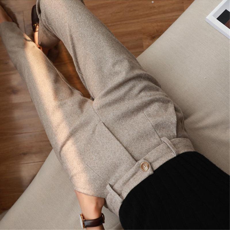Women's Solid Color Wool-Like Tapered Trousers | Classic Ankle-Length Pants FitiqueFit