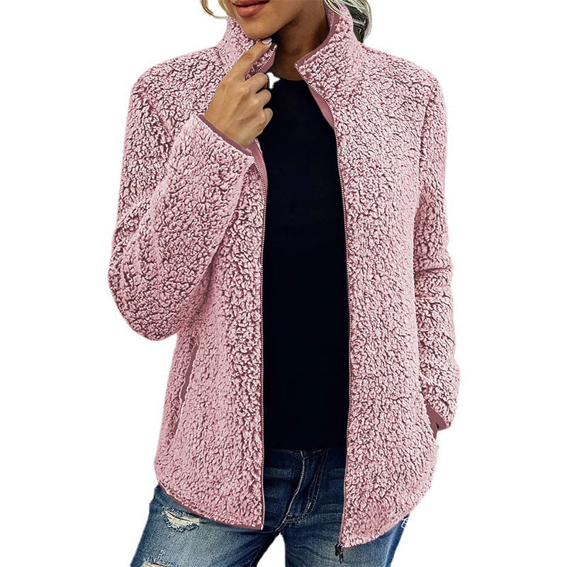 Fall Winter Warm Sweatshirt Stand Collar Solid Color Top Sweater Women's Casual Fashion Long Sleeve Zipper Bubble Velvet Coat Tops Grayceful LLC