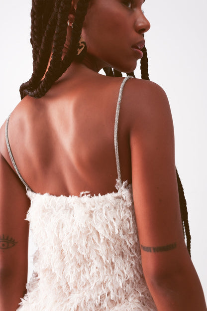 All over faux feather sleeveless mini dress in cream Q2store