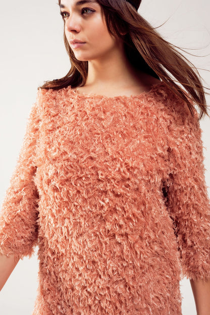 All over faux feather three quarter sleeve mini dress in pink Q2store