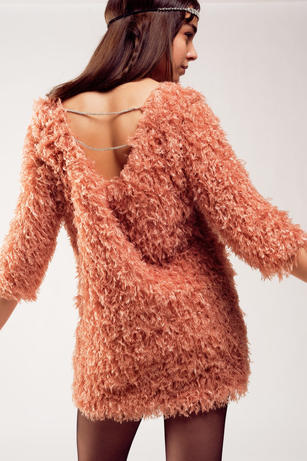 All over faux feather three quarter sleeve mini dress in pink Q2store