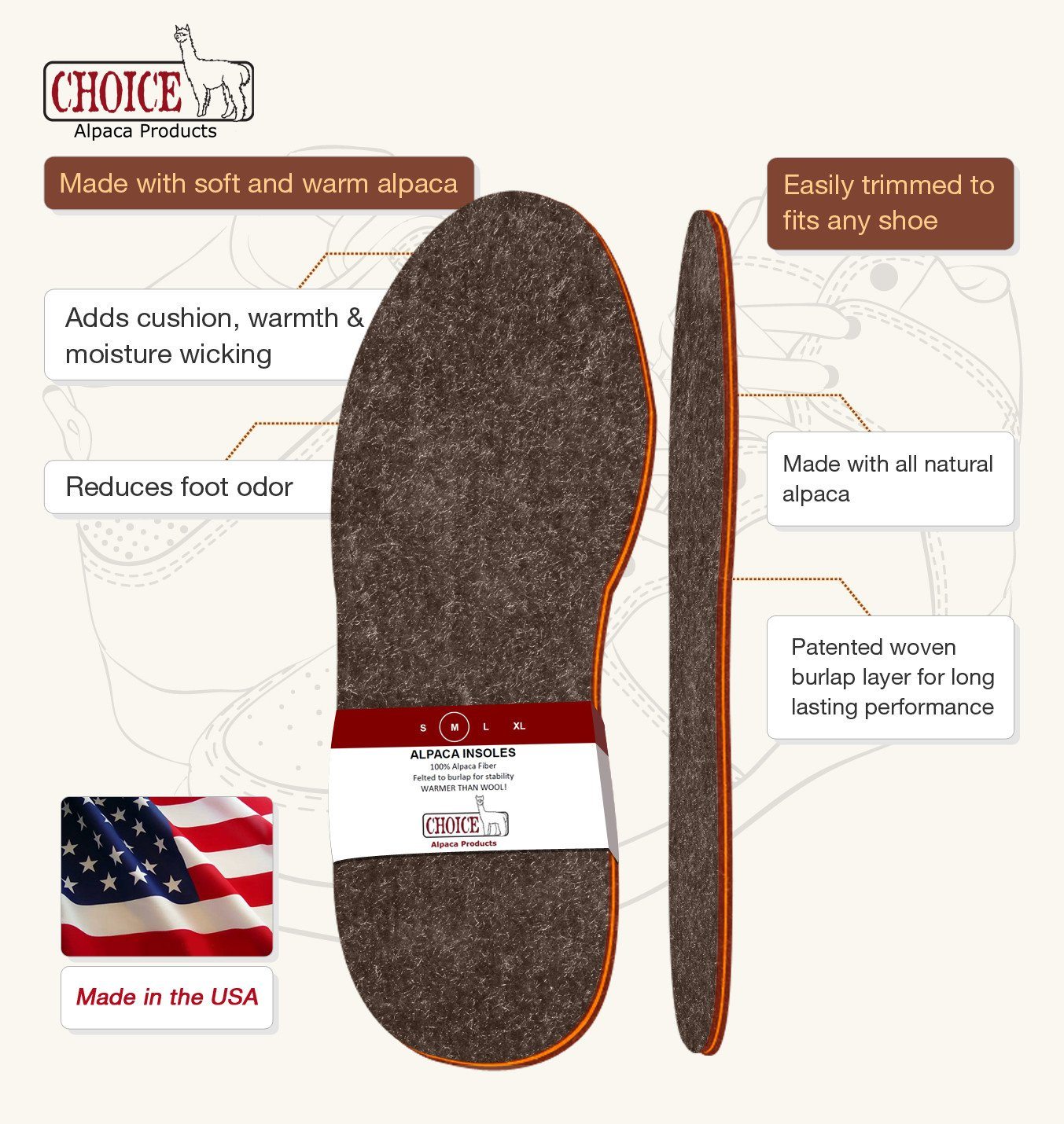 American Choice Alpaca Foot Warmers - Shoe Inserts - Insoles Purely Alpaca