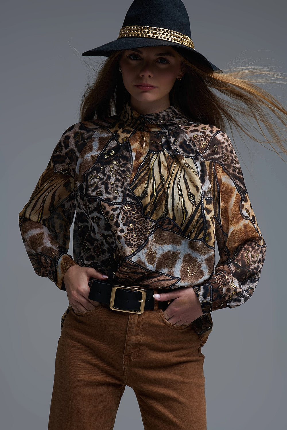 animal print chiffon shirt with gold details Q2store