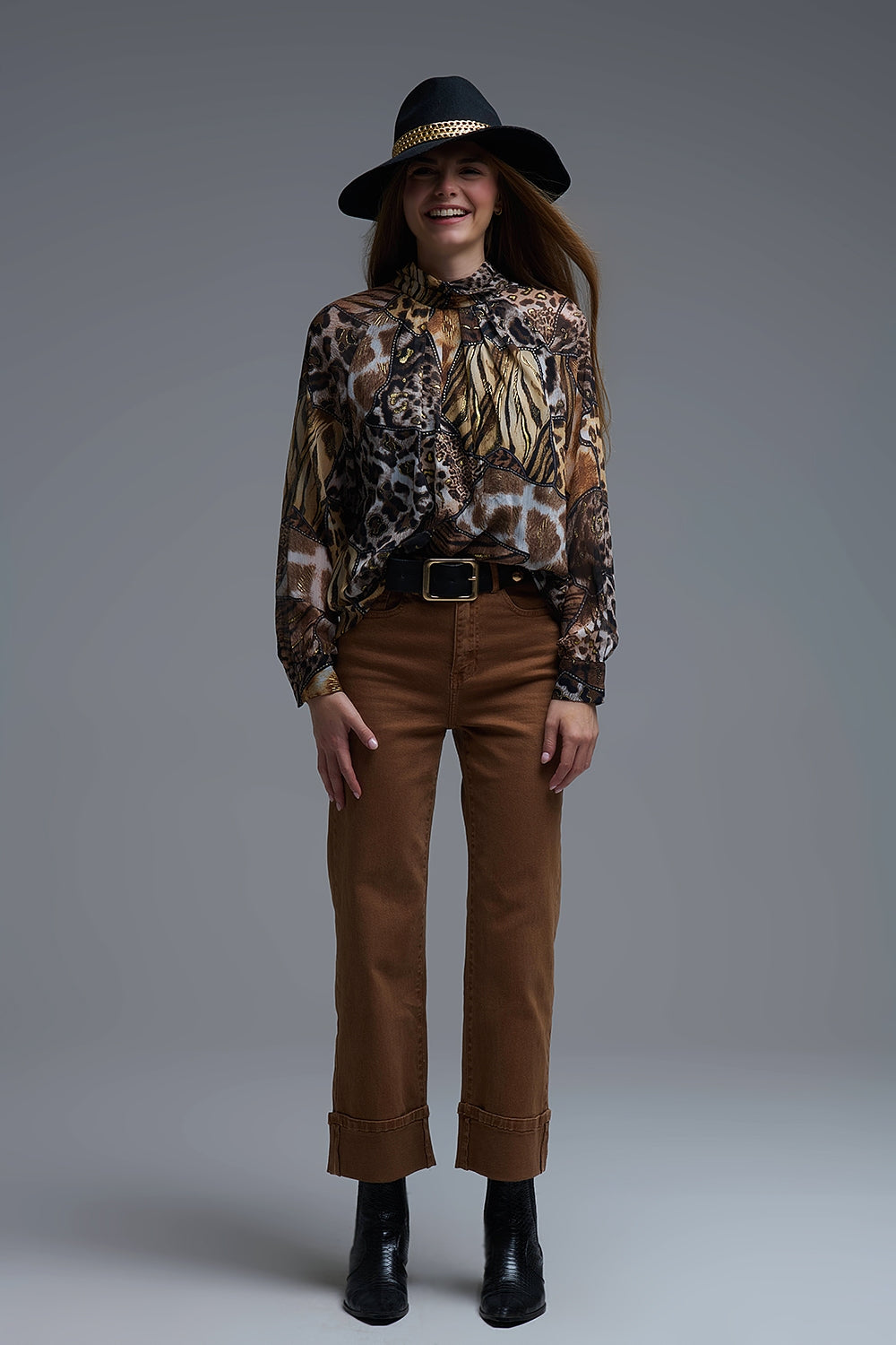 animal print chiffon shirt with gold details Q2store