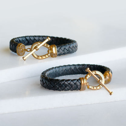 Aristo - 14K Gold Vermeil Black Leather Horseshoe Bracelet Urban-Equestrian