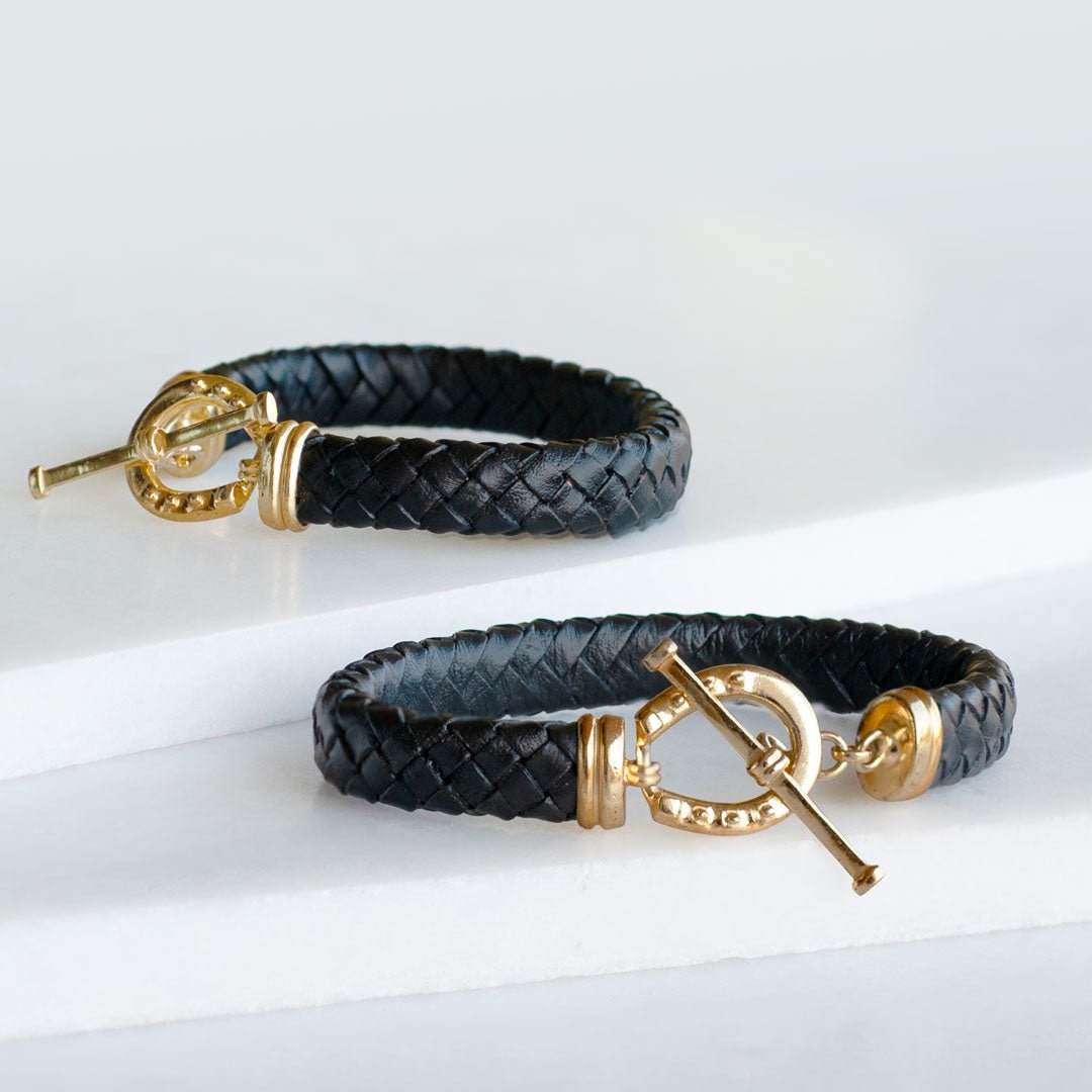 Aristo - 14K Gold Vermeil Black Leather Horseshoe Bracelet Urban-Equestrian