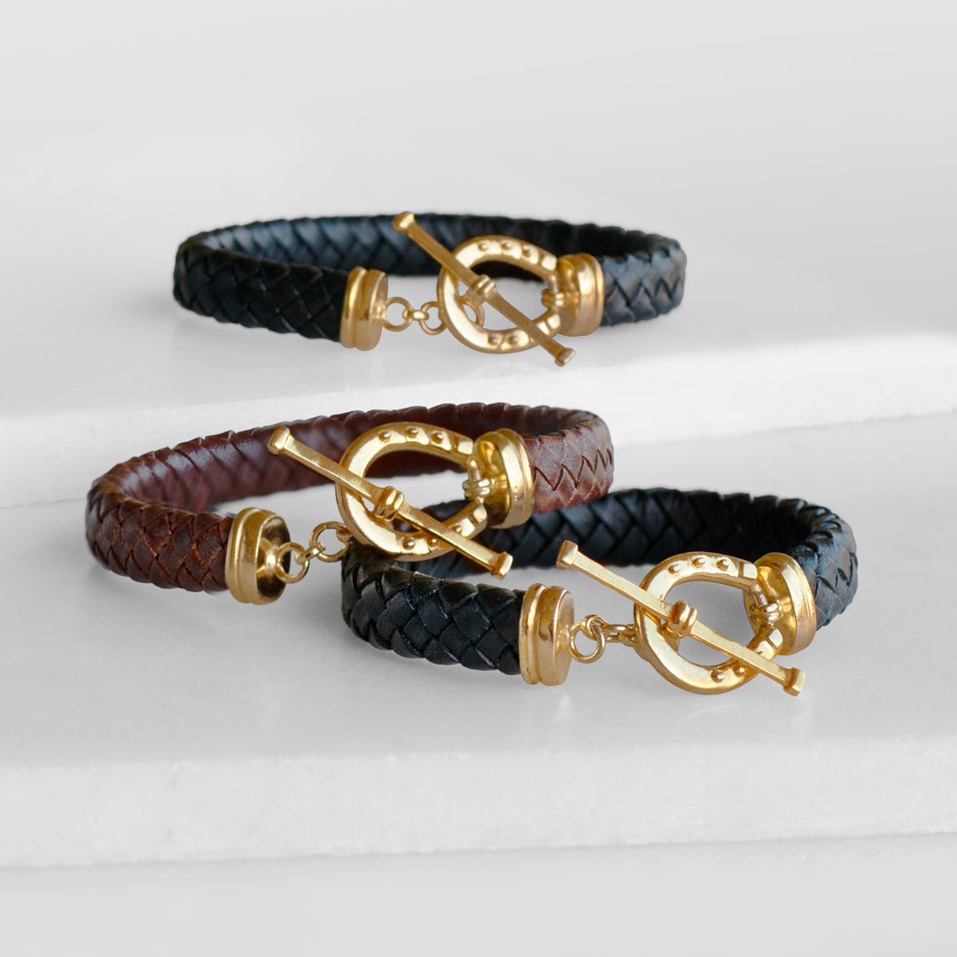 Aristo - 14K Gold Vermeil Black Leather Horseshoe Bracelet Urban-Equestrian