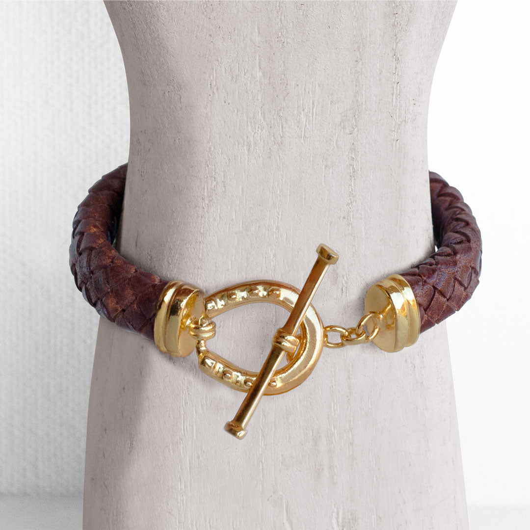 Aristo - 14K Gold Vermeil Brown Leather Horseshoe Bracelet Urban-Equestrian