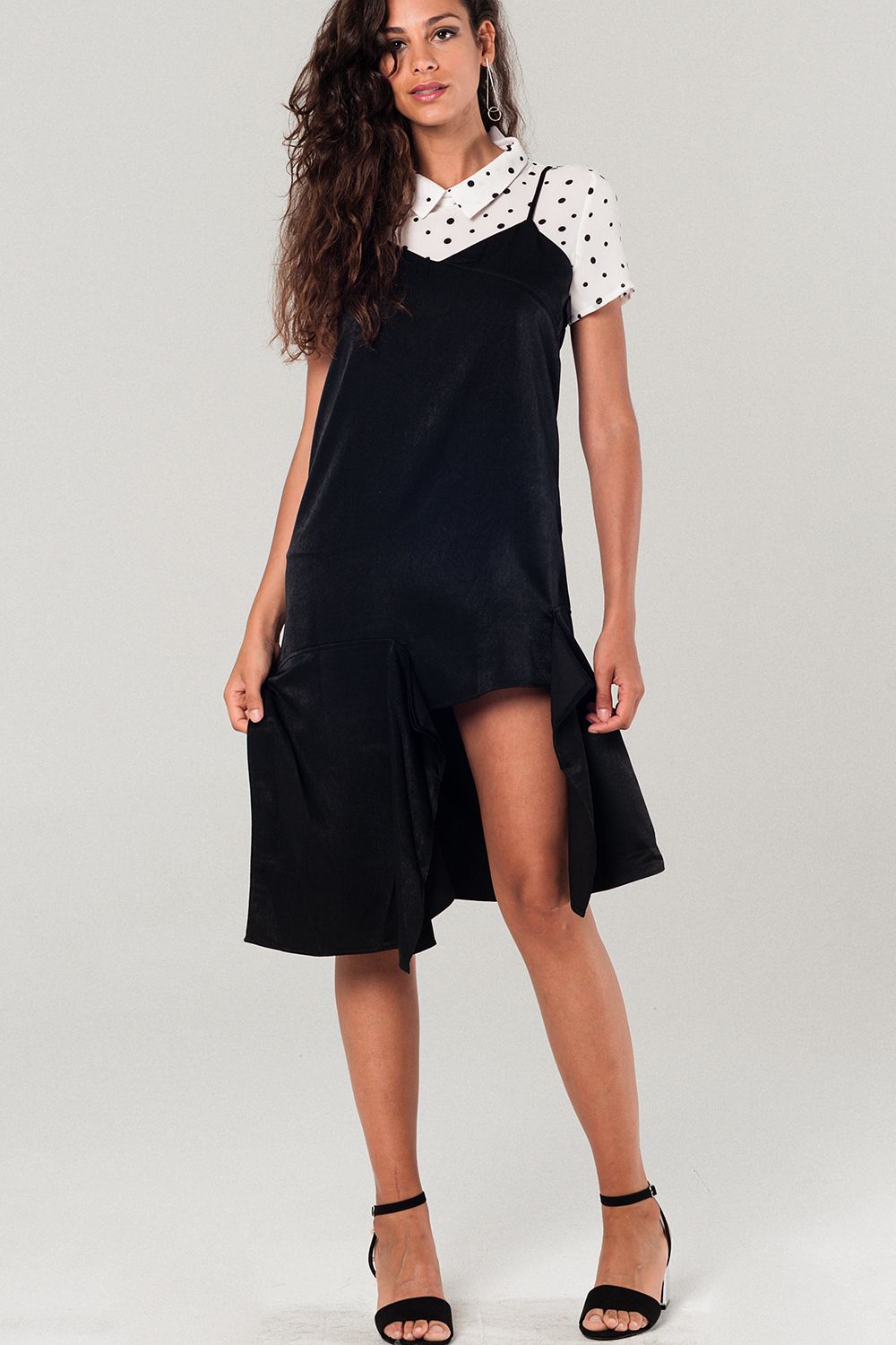 Asymmetric hem slip dress in black Q2store