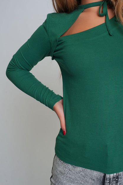 Asymmetric neck sweater in green Q2store