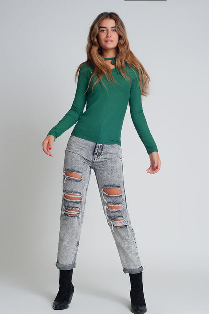 Asymmetric neck sweater in green Q2store