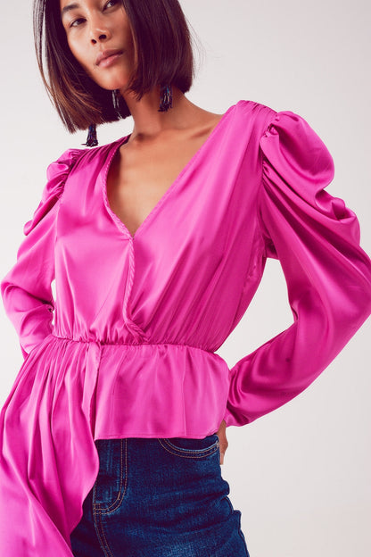Asymmetric puff sleeve blouse in fuchsia Q2store